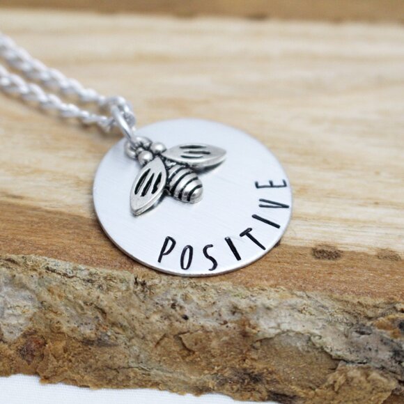 Bee Positive - Hand Stamped Pendant Necklace - 18" Chain - Handmade - Picture 2 of 6